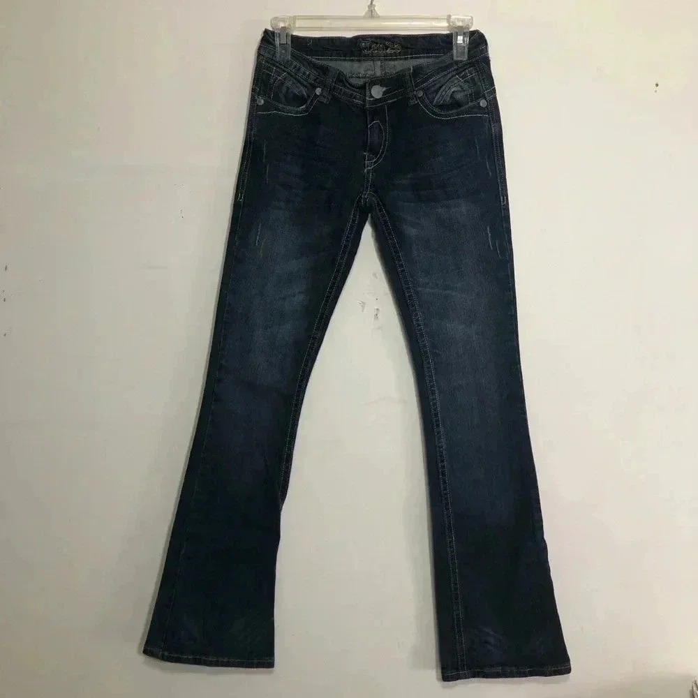 Ten 25 Bootcut Jeans Women Size 1/2 Dark Wash Contrast Stitch Embroidered Flap